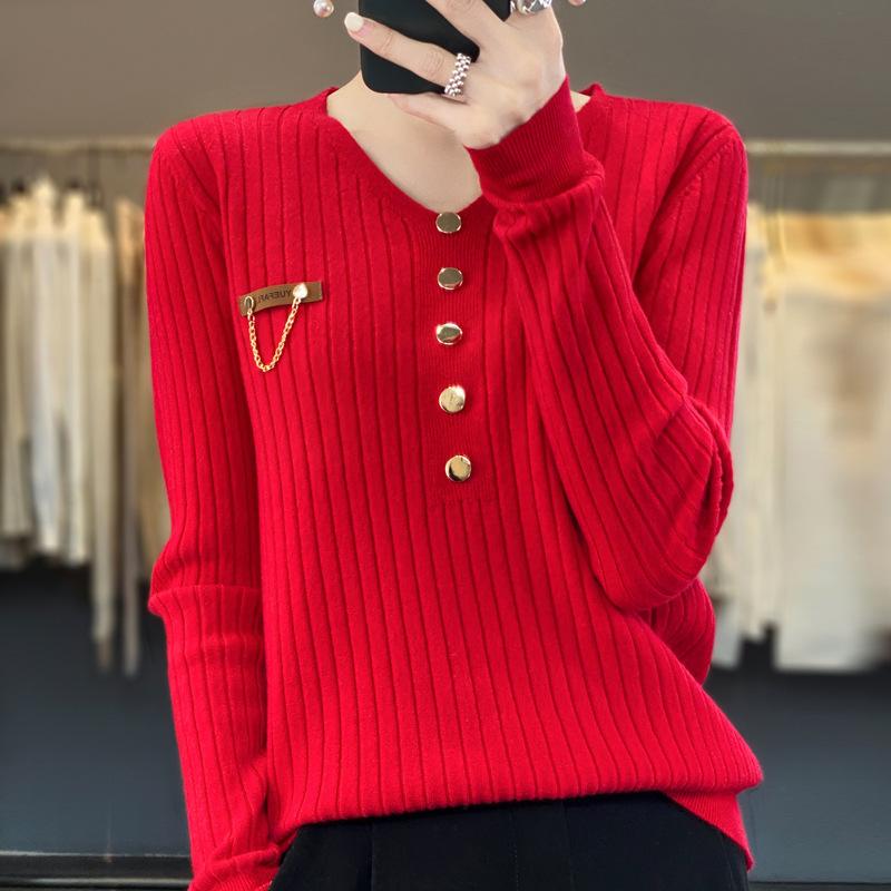 

DAFIFY Женская мода повседневная осень-зима однотонный принт длинный рукав V-образный вырез свитера XXL красный