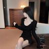 Womens Bow Knit Top Fall Winter Sheer Lace Trim Halter Neck Slim Fit Sweater