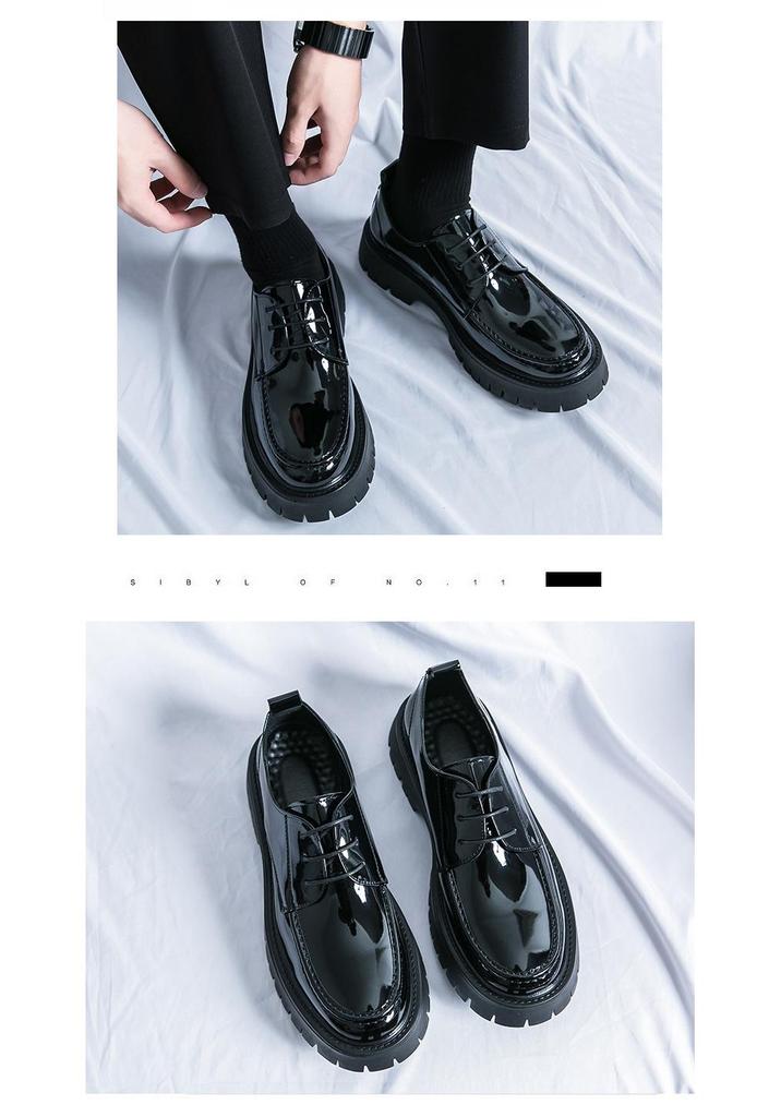 Men's Large Glossy Leather Lace-Up Loafers with Thick Sole and Chunky Heel