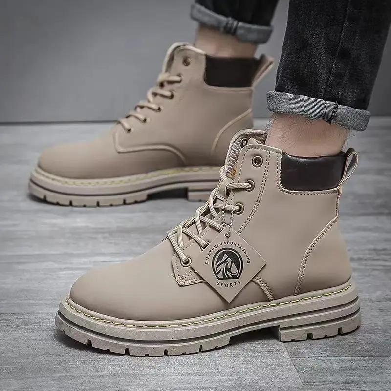 Men's high top casual leather boots spring and autumn outdoor soft sole anti slip comfort workwear boots fashion walking boots