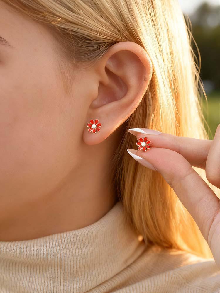 Sunflowers Enameled Small Stud Earrings, Stainless Steel Daisy Earrings For Women, Floral Hypoallergenic Piercing Jewelry