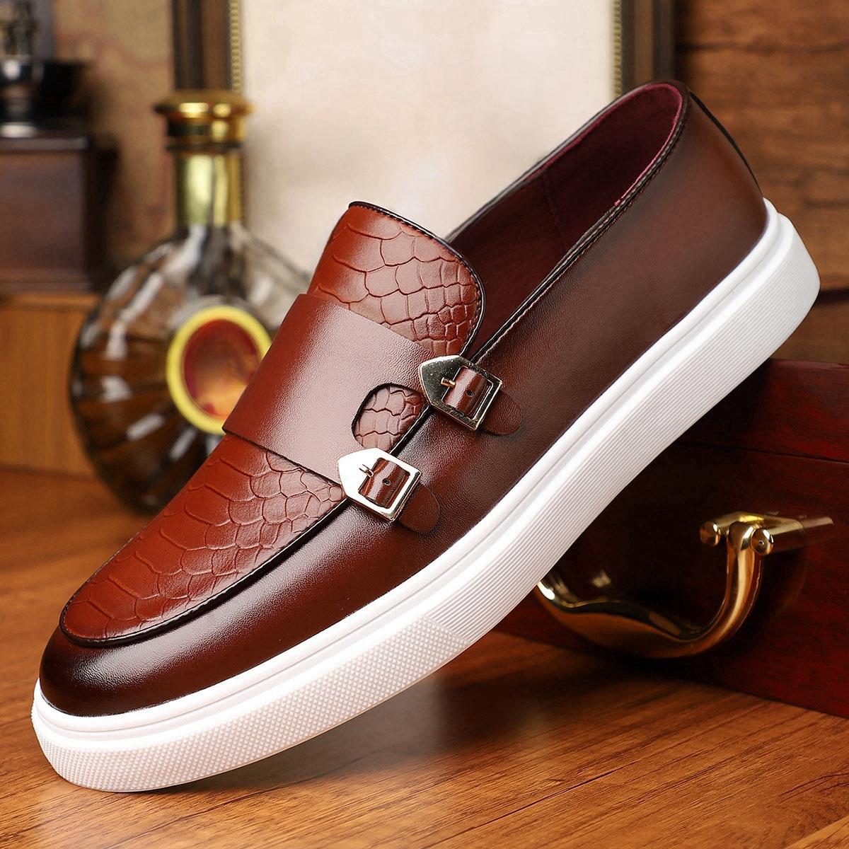 

New Shoes for Men Leather Casual Shoes Trend Print Flat Skateboard Monk Shoes Street Cool Slip-on Loafers 47 коричневый