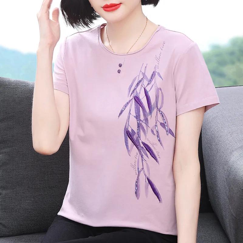Summer Short-sleeved Pure Cotton Printed Summer New T-shirt Middle-aged Loose Versatile Korean Style Top