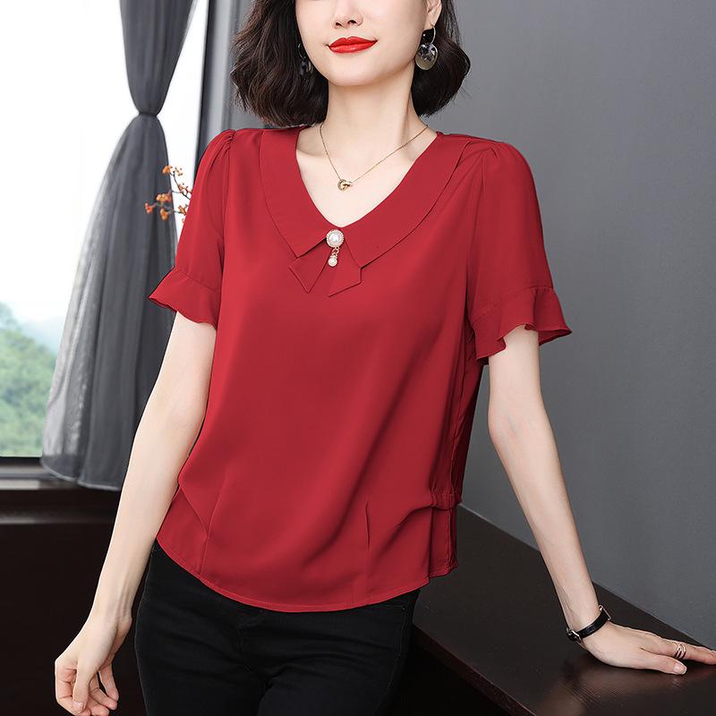Women's Summer 2023 Stylish Loose-Fit Ruffled Chiffon Short Sleeve Blouse