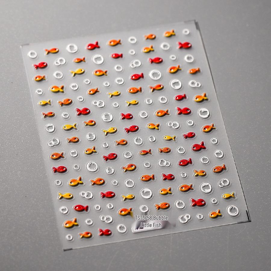 

Тонкие и гибкие тисненые наклейки для ногтей TENSOR, TS-3758, дизайн «Пузырьки и рыбки».