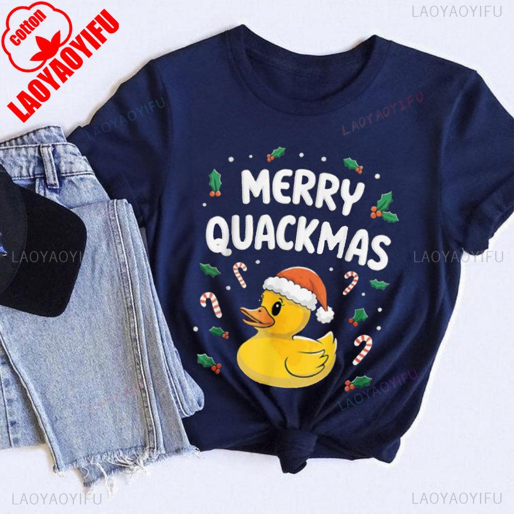 

Santa Duck Christmas Unisexs Womens Cotton TShirt Short Sleeve Black Casual Tee with Rubber Duck Funny Xmas Outfit S