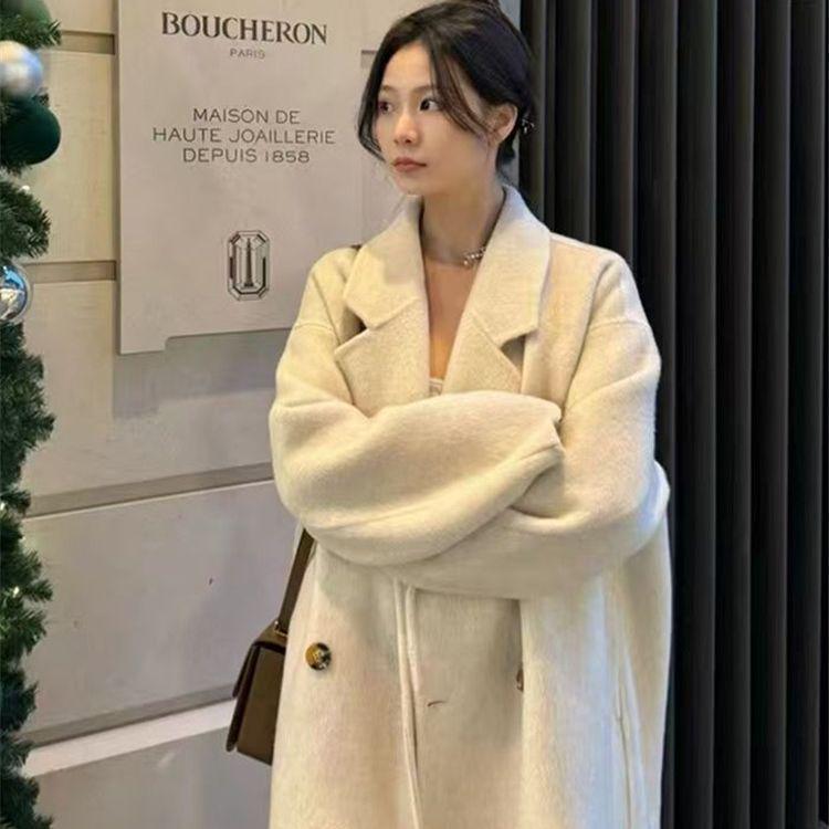 Retro Korean Style Oatmeal White Woolen Coat - Women's Loose Mid-Length, Perfect for Autumn and Winter