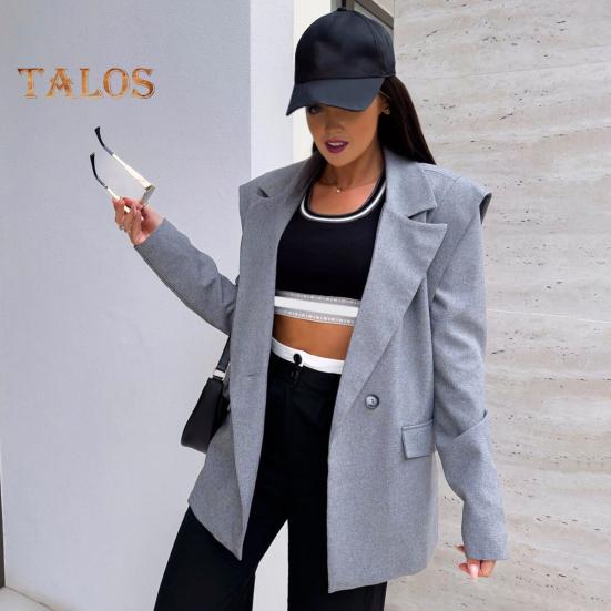 Women Suit Coat Lapel Long Sleeve Buttons Closure Suit Jacket Solid Color Loose Fit Flap Pockets Casual Business Outwear