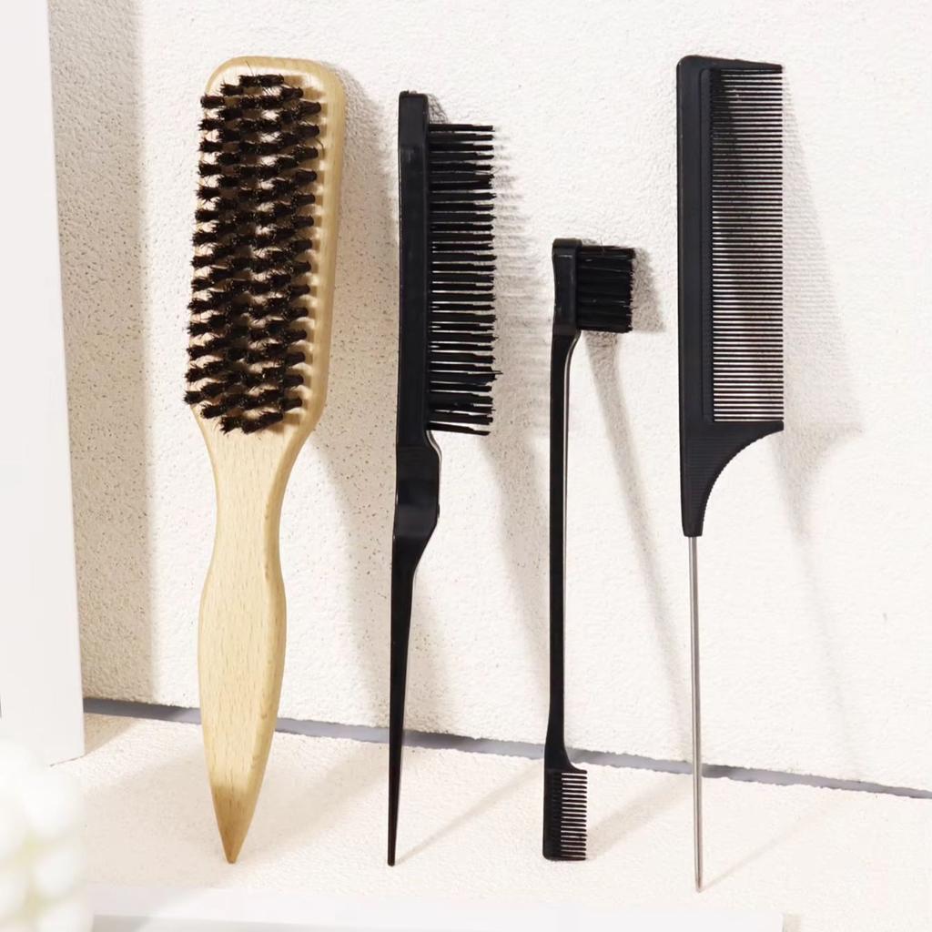 4-piece set of neutral hairstyle design tools - edge control brush and comb kit, used for combing and smoothing hair