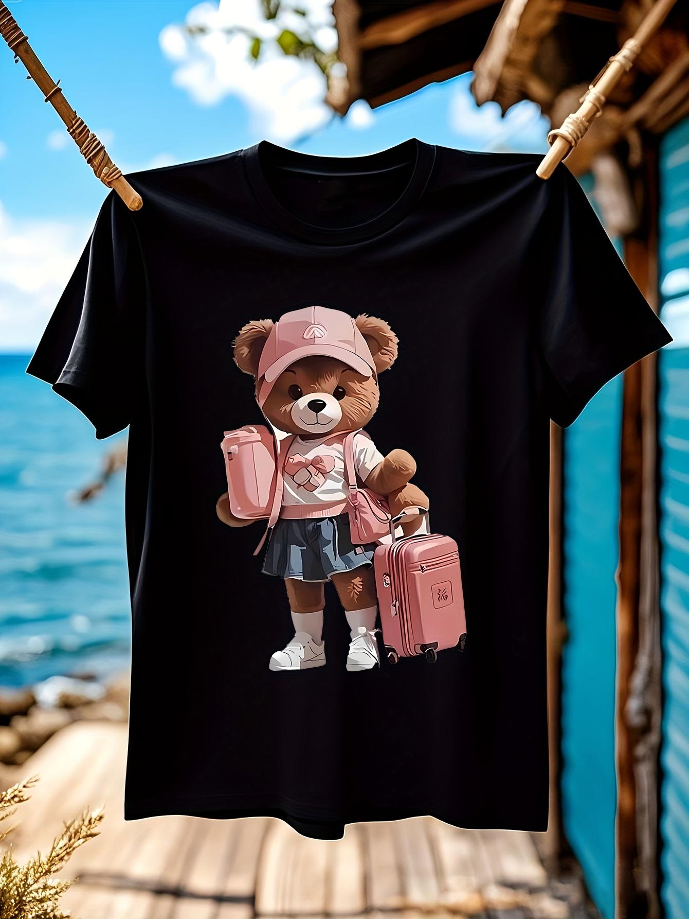 Cute Travel Teddy Bear Graphic Tee Black Shirt with Pink ... L