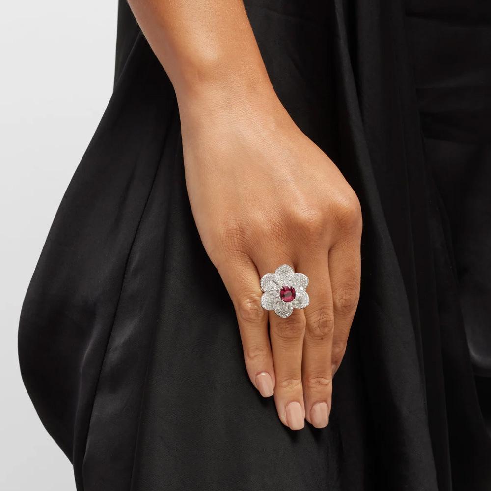 Luxury Silver Flower Statement Ring Women Red Crystal Zircon Big Cocktail Ring Bridal Engagement Party Jewelry Gift Accessories Gold-color красный