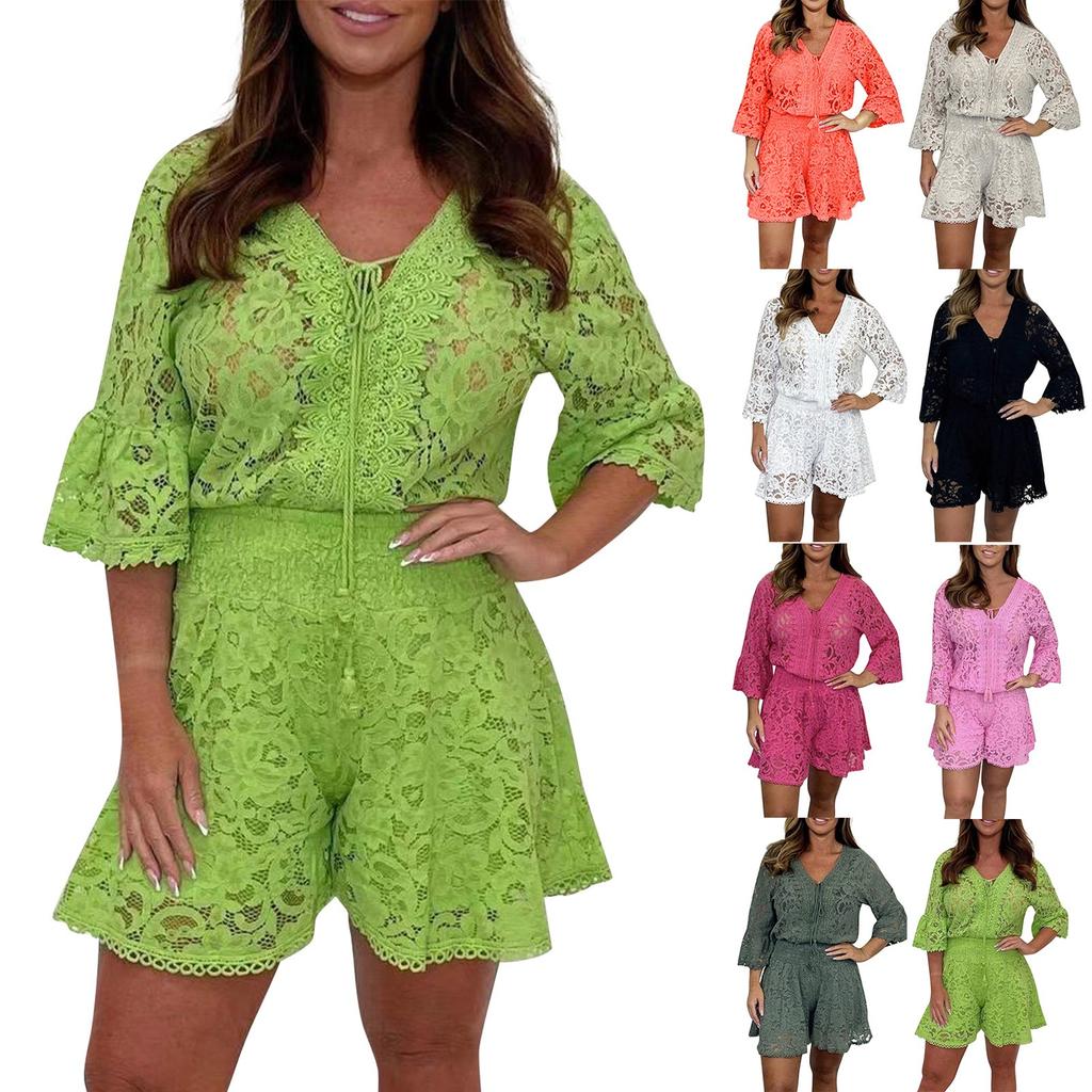 Women's Versatile Slimming Fashion Solid Color Two-piece Crochet Top+shorts Casual Set