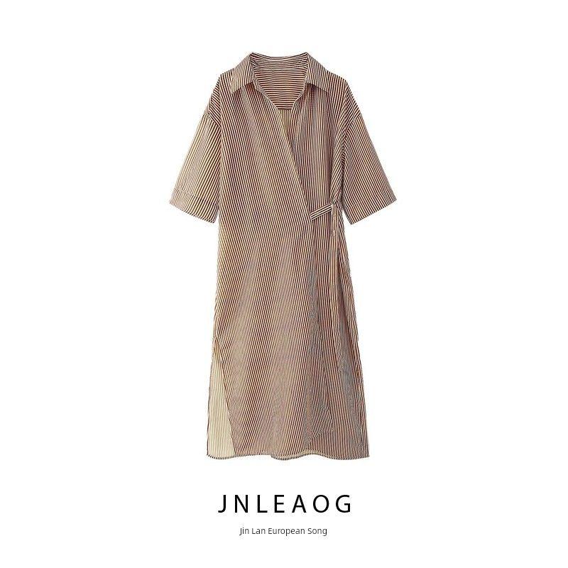 Jnleaog Spring New Arrival Women's Clothing Fashion Style French Fashion Design Stripes Tencel Shirt Style Dress