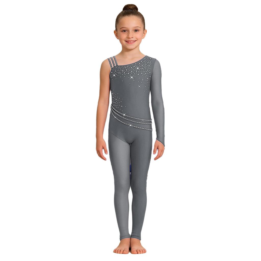 Girls Figure Skating Gymnastics Jumpsuit Asymmetrical Design Back Invisible Zipper Mesh Patchwork Sparkly Rhinestones Bodysuit for Competition
