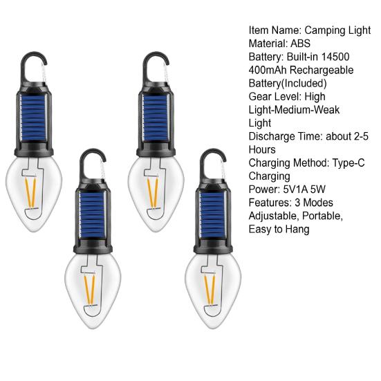 1/2/3/4Pcs Solar Rechargeable Camping Light 3 Modes Adjustable Portable Outdoor Hiking Emergency Tent Hanging LED Bulb Lamp