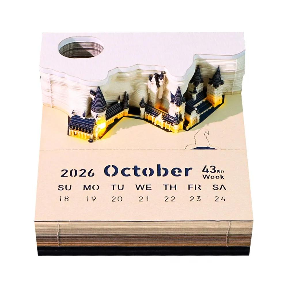 With Lights Paper Sculpture Calendar Notepad 3D Paper Craft 2026 Weekly Calendar Desktop Ornament Magic Castle Calendar