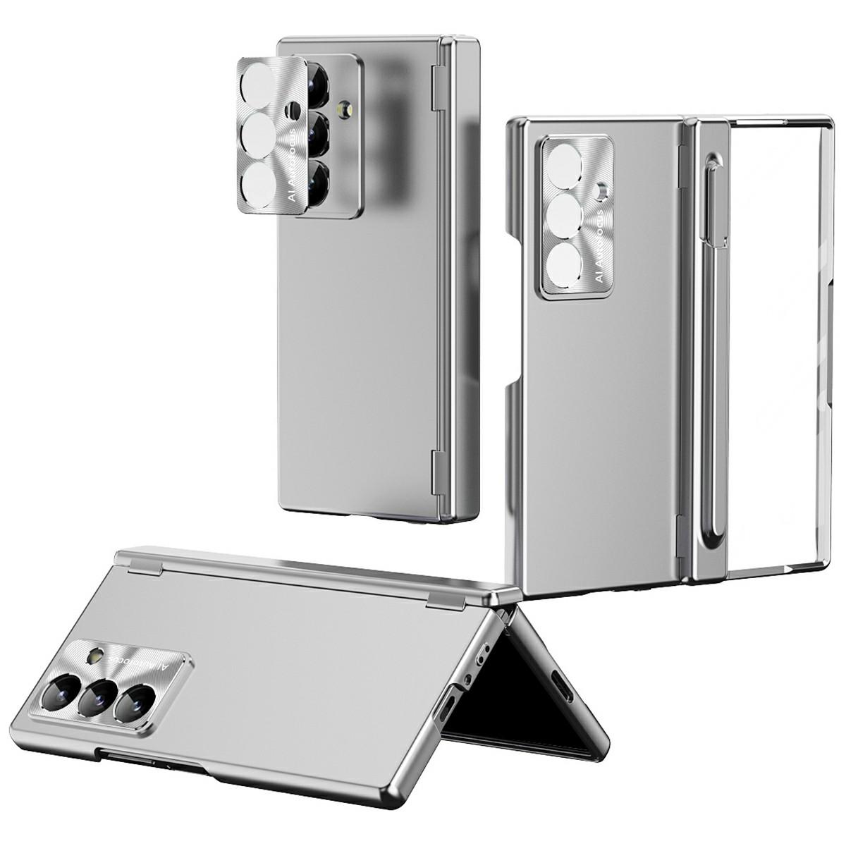 

For Samsung Galaxy Z Fold7 5G Case Dual Hinge Electroplated PC Phone Cover with Tempered Glass Film/Stylus Silver