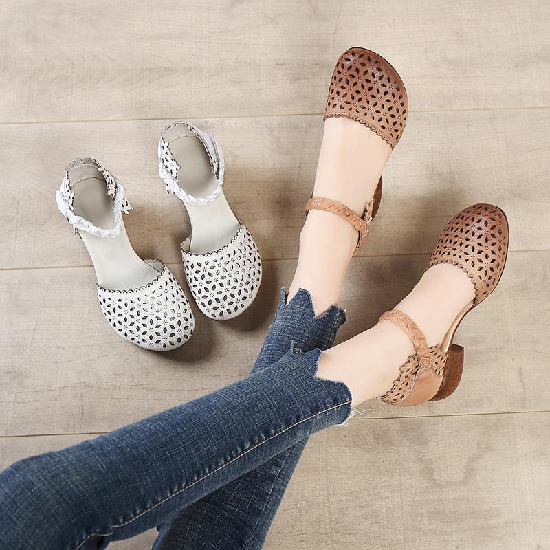 Fashion GKTINOO Genuine Leather Women Sandals Summer Shoes 5CM High Heels Retro Women Shoes 2025 Hollow Out Sandals