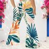 Pantalon évasé long taille haute pour femme grande taille avec imprimé feuilles tropicales