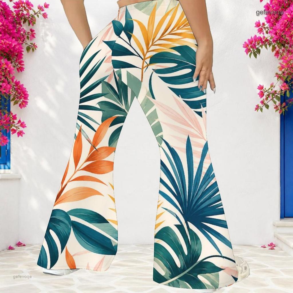 Pantalon évasé long taille haute pour femme grande taille avec imprimé feuilles tropicales