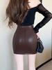 Women's Brown High-Waisted PU Leather Bodycon Skirt - Slim-Fit, Sexy Pencil Style for Autumn/Winter 2026.