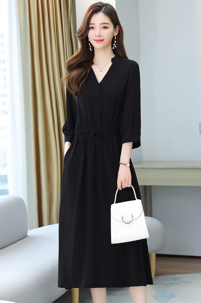 Chubikime Loose Casual Women's Dress, Spring/Summer, 3/4 Sleeve, V-Neck, Long, Midi, A-Line, Black, Slimming, Fit, Formal, Commuting,