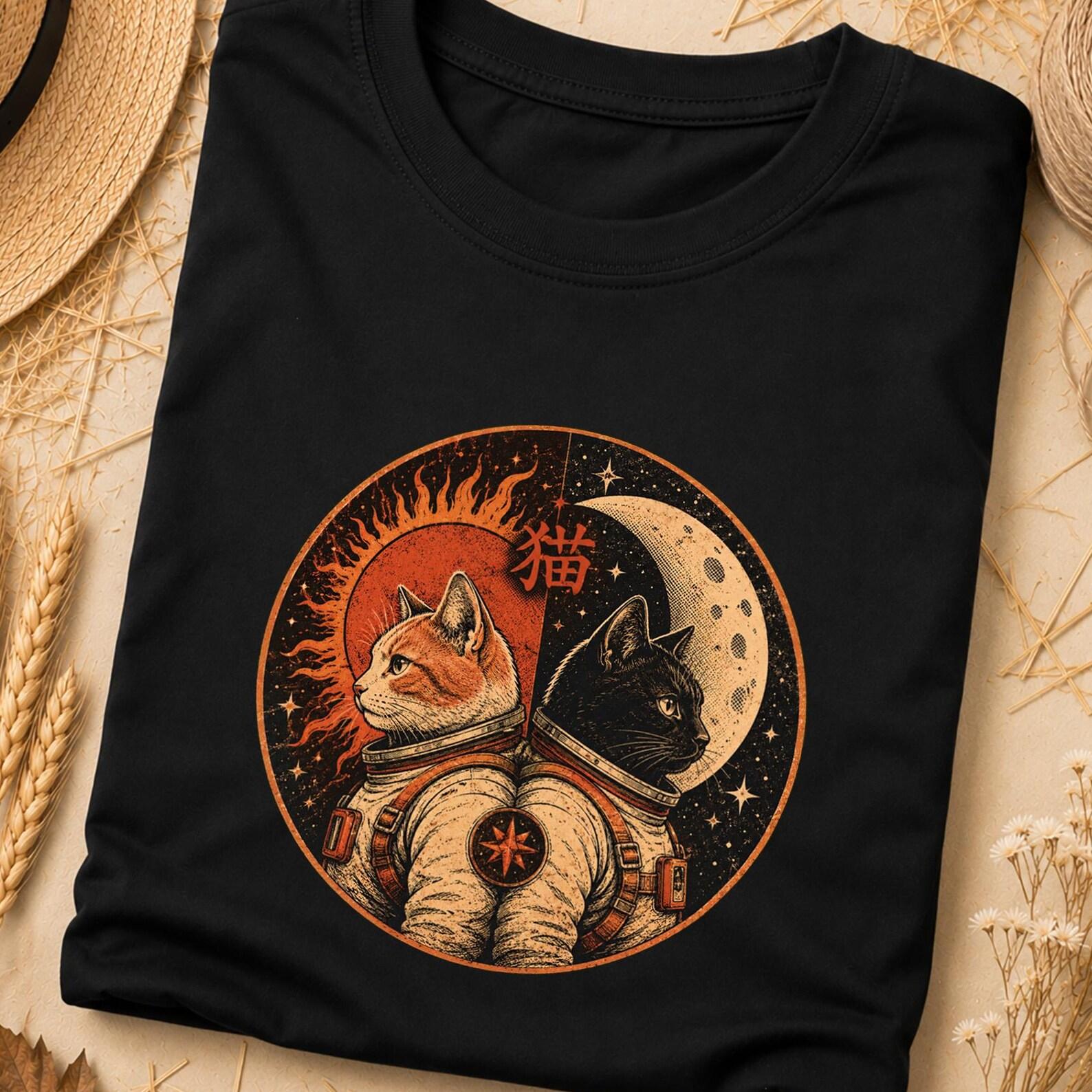 Japanese Space Cat Tee, Japanese Kanji Lucky Symbol T-Shirt, Lucky Japanese Cat Design, Minimalist Lucky Symbol Shirt, Space Cat Kanji Shirt S