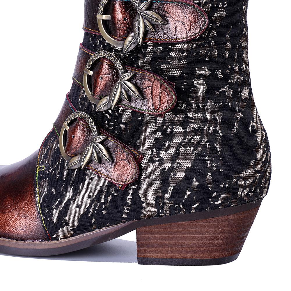 Johnature Retro Pointed Toe Low Heel Short Boots Genuine Leather Printed Side Zipper Women's Shoes