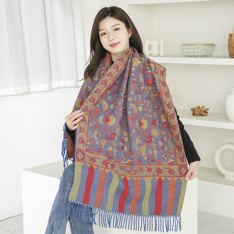 Ethnic Style Scarf for Women Winter High End Imitation Cashmere Scarf Versatile Ladies Shawl Tassel Retro Jacquard Scarf