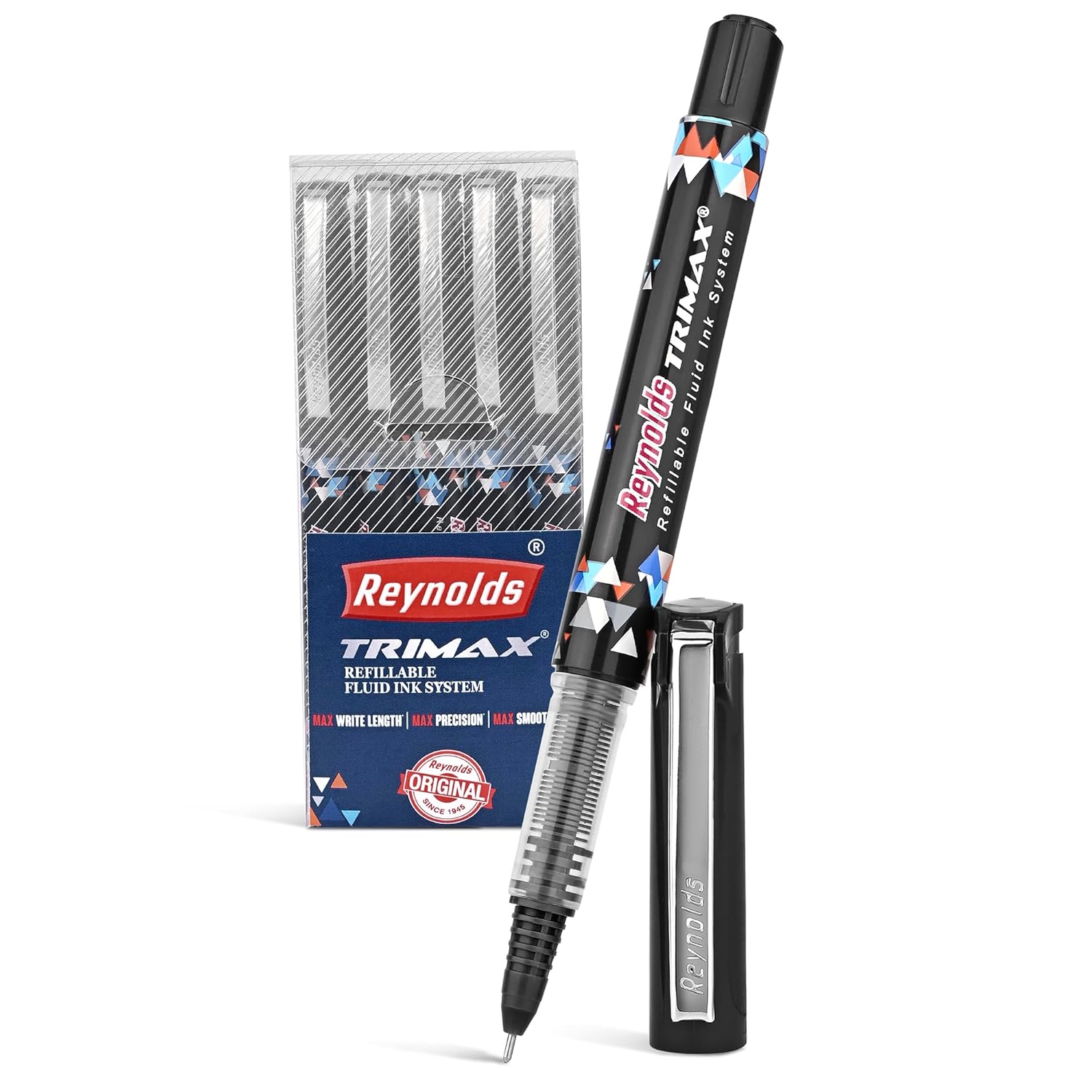 Reynolds Trimax Roller Ball Pen Set Of 1 (5 Black Ink) 0.5 mm Tip Smooth Writing Pens For Students Office And Daily Use