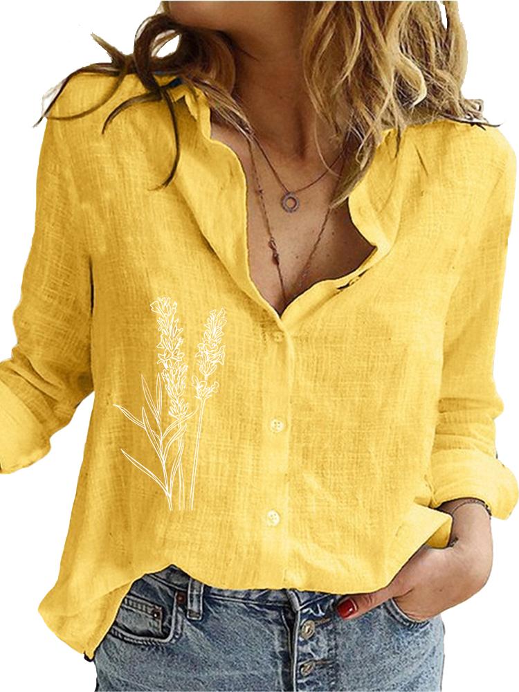 Women Fashion Long Sleeve Shirt Loose Cotton Linen Top Ladies Casual Print Blouses
