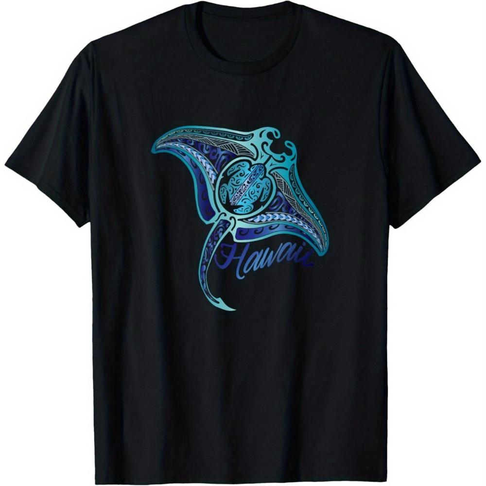 Men's Hawaiian Tribal Manta Ray Print T-Shirt 100% Cotton Relaxed Fit Short Sleeve Men's T-shir