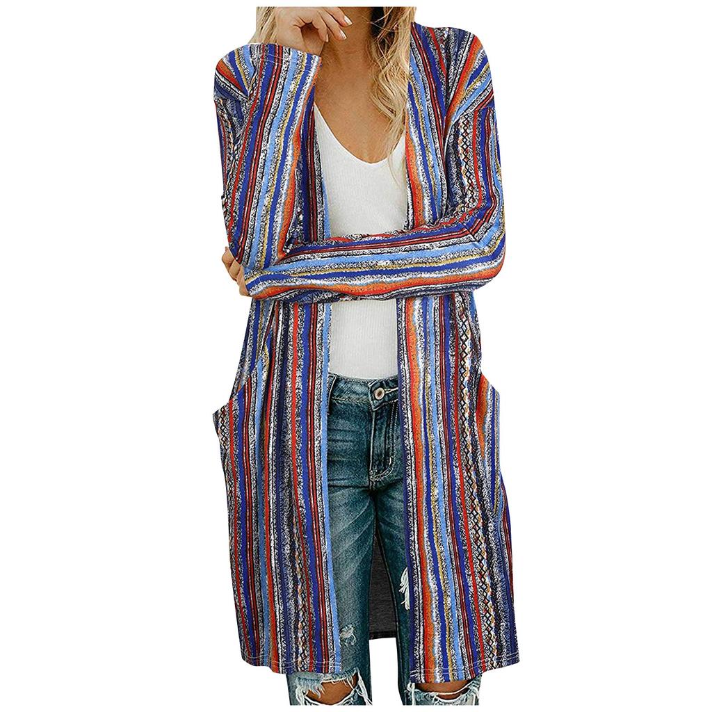 Women's Fashion Casual Printed Pocket Cardigan Medium And Long Coat