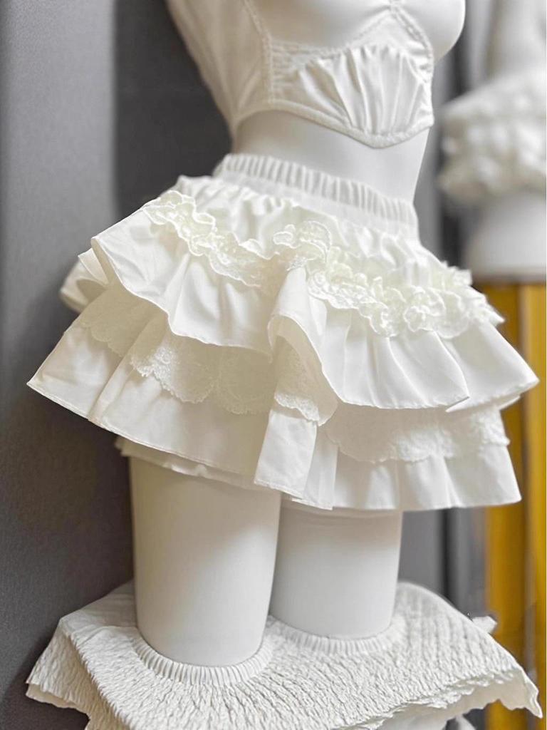 2025 Weißer High-Waist-Rock im Spitzen-Look für Petite-Figuren mit Sweetheart-Puffstil und Anti-Expositions-Schicht