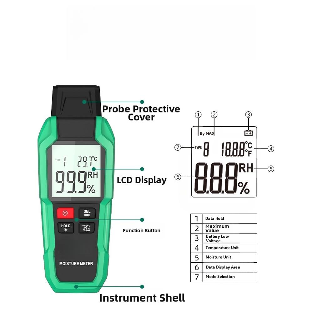 Wood Moisture Meter 0.7-100% Humidity Tester With 9 Modes For Wood Concrete Plaster Wall Building Material Detector