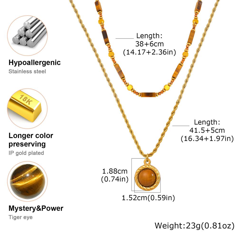 Collier œil de tigre naturel pour femme, Collier ras-de-cou superposé avec pendentif perlé style bohème, Bijou pierre irrégulière