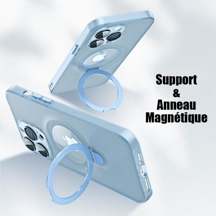 Coque pour iPhone 15 Pro Max, Antichoc Rigide avec Support Anneau Magnétique Réglable et Protection Caméra - Translucide Bleu