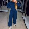 Women Spring Suit 2 Pcs/Set Top Pants Round Neck Long Sleeves Rhinestone Decor Sweatshirt Tracksuit Elastic Waist Wide Leg Trousers Daily Wear
