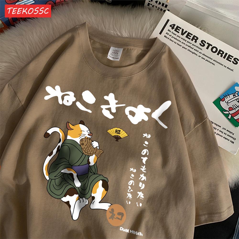 Casual Cotton WomenS TShirts Japanese Retro Fun Cats Printing Tees ONeck Loose Soft Short Sleeve Summer Street Female Clothes