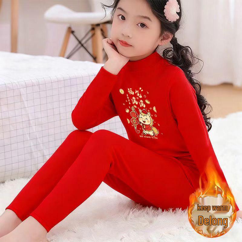 2026 Children's Red Year of the Horse Fleece Suit - Warm Half-High Collar for Medium and Large Kids