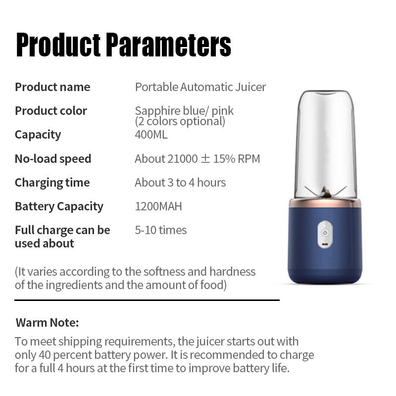 Electric 6 Blades Automatic 400ml Portable Electric Juicer USB Charging Fruit Squeezer Blender Portable