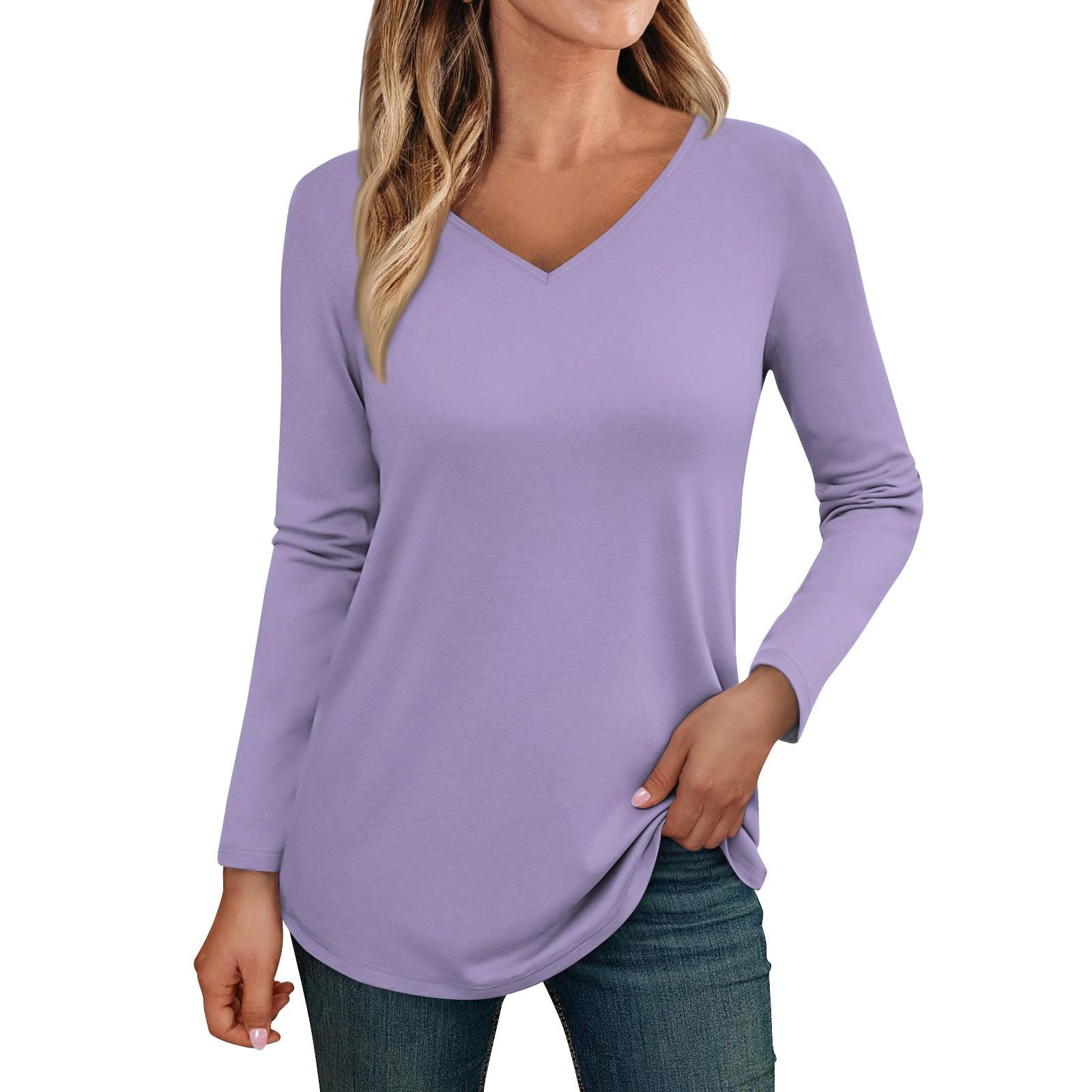 

Женские топы с длинными рукавами, рубашки с v-образным вырезом, повседневные базовые модные футболки, блузки, осенние наряды-туники, облегающие футболки XL фиолетовый