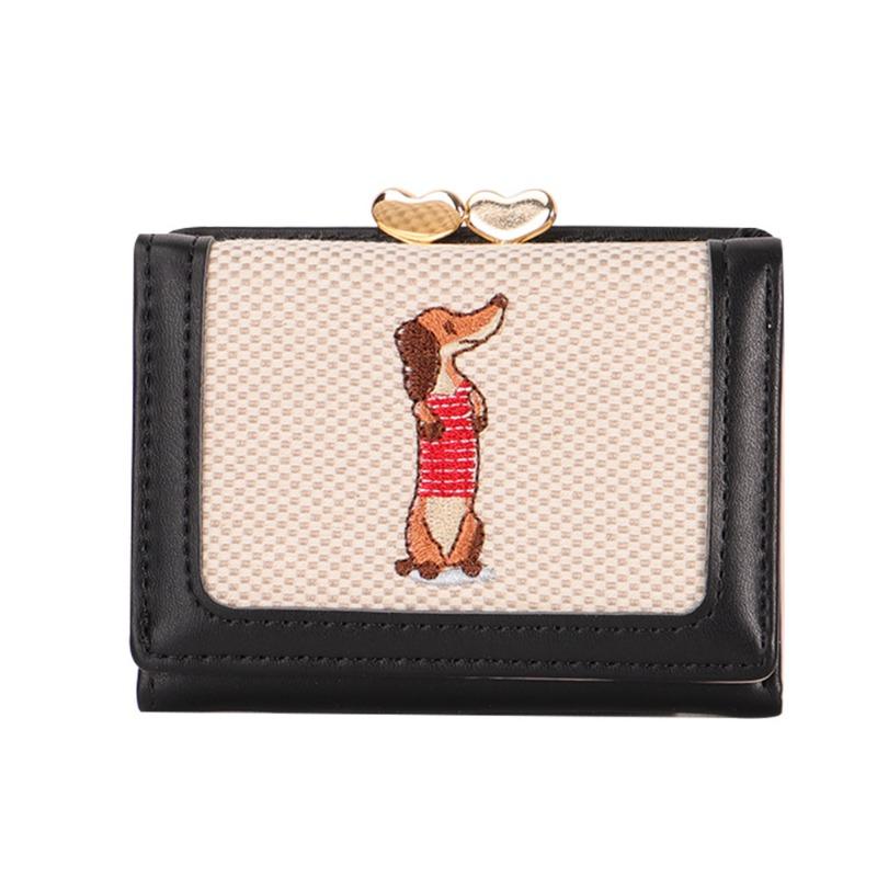 

New three-fold + foreskin embroidery wallet student cute short cartoon puppy canvas wallet