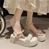 Fashion Sweet Pearl Platform Sandals Women's 2025 New Korean Version One-word Strap Flat Women's Shoes Comfortable Beach Shoes