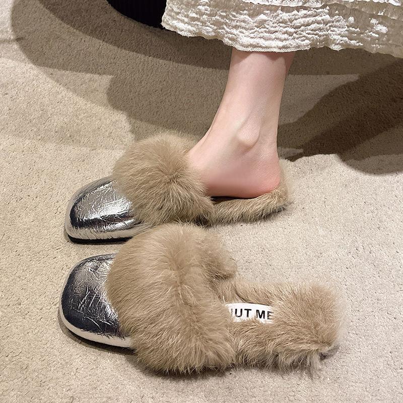 Women's Flat Slippers Autumn Winter Fashion Outdoor Warm Non Slip Plush Shoes Lightweight Comfortable Casual Half Slippers