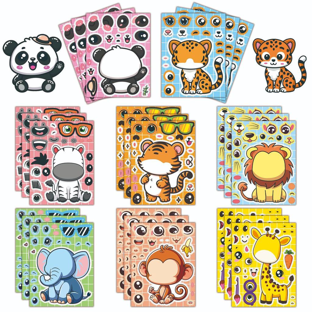 8Sheets/Set Cartoon Animal Puzzle Stickers - DIY Make-a-Face Fun Game with Tiger Lion Panda Elephant Giraffe Kids Sticker Toy