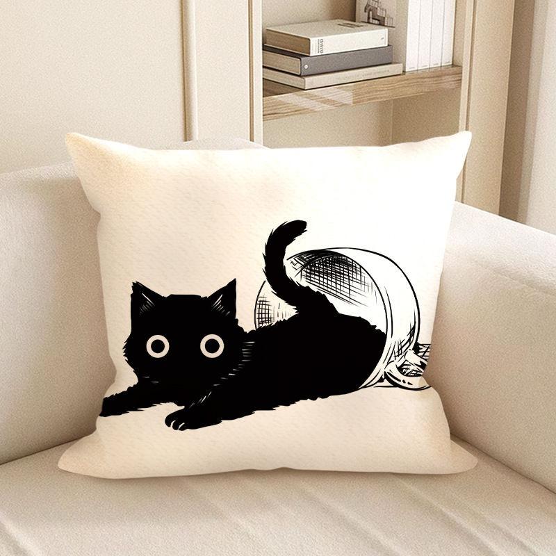 Cute Black Cat Cartoon Throw Pillow Cover - Minimalist Animal Home Decor