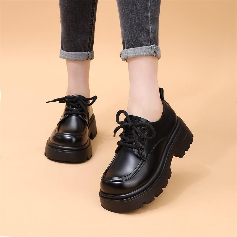 Soft Leather Platform Shoes Women's New Spring Heightening Soft Sole Single Shoes Lace-up Small Leather Shoes