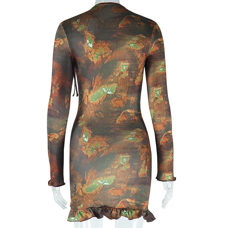 European and American Style Fashionable Women's Printed Dress,Retro Long Sleeved Round Neck Hollow Out Short Skirt,Lace Up Wrapped Hip Skirt for Women