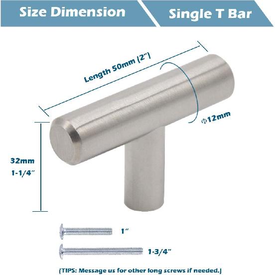 Gobrico 15 Pack Satin Nickel Single Hole T bar Kitchen Cabinet Handles Knobs Stainless Steel Cupboard Drawer Dresser Pulls Overall Length 50mm/2in